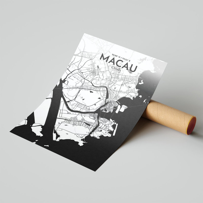 Macau, carte de la ville, impression, H 17 po x l 11 po, Noir / blanc