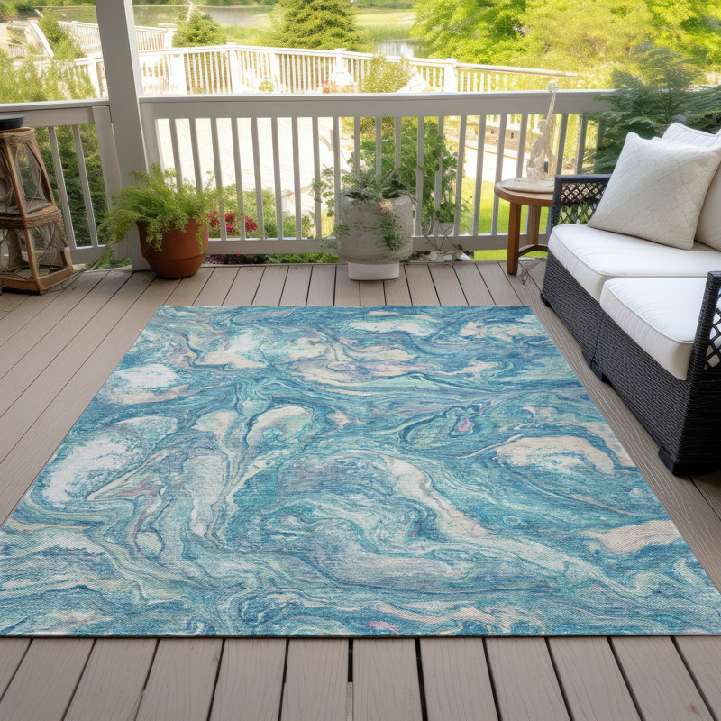 Tapis bleu sarcelle lavable à la machine intérieur / extérieur Xhevrie, Rectangle 10 pi x 14 pi