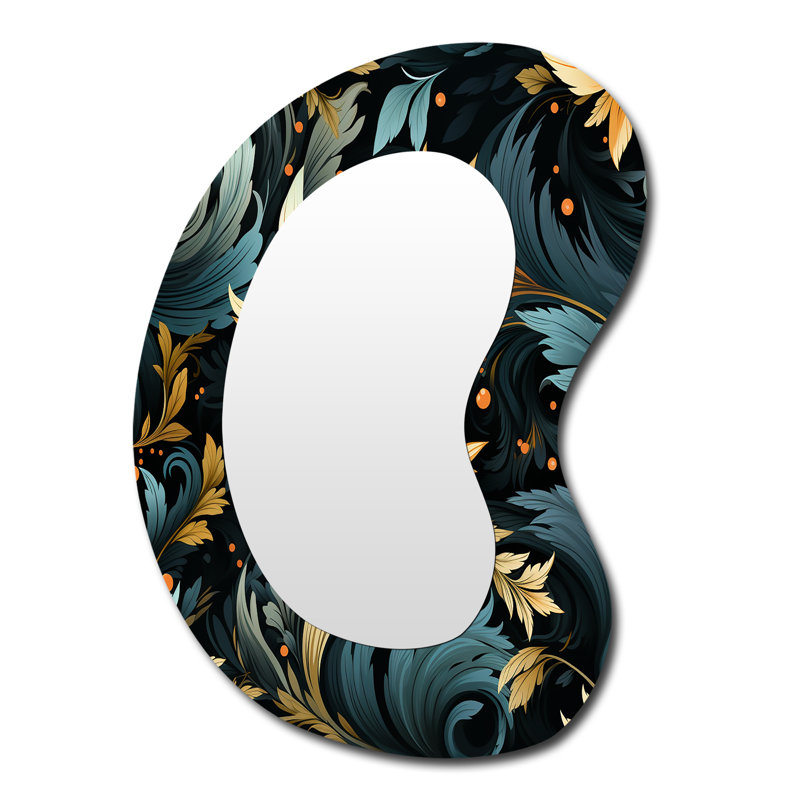 Erilyn Black And Gold Damask Flower Blossoms - Damask Unique Shape Mirror, Black Asymmetrical Decorative Wall Mirror, Printed Metal Art