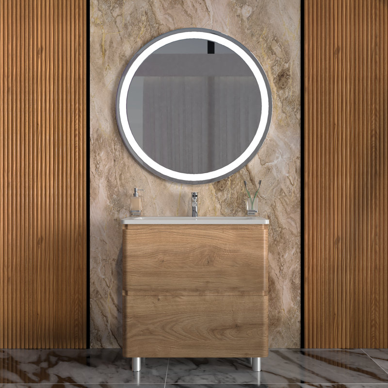 Kalleb 31.3'' Single Bathroom Vanity with Ceramic Top with Mirror, Natural Teak