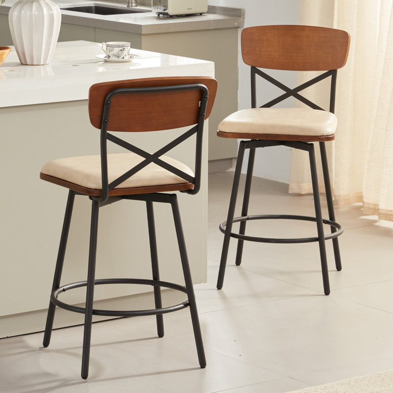 Jerrika Swivel Upholstered Faux Leather Counter Stool, Sand Gray