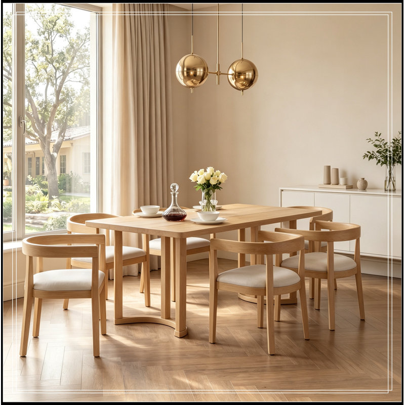 Ensemble de table de salle à manger 7 pièces avec 6 chaises à dossier demi-tonneau, Naturel