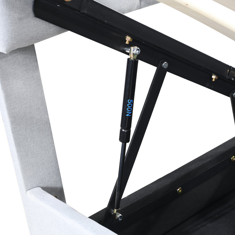 Lit plateforme simple tapissier avec système de rangement hydraulique, gris