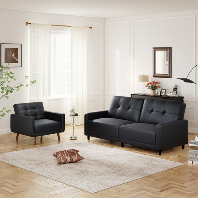 2-Piece Upholstered Faux Leather Square Arm Living Room Set With Tufted Convertible Futon Sofa Bed