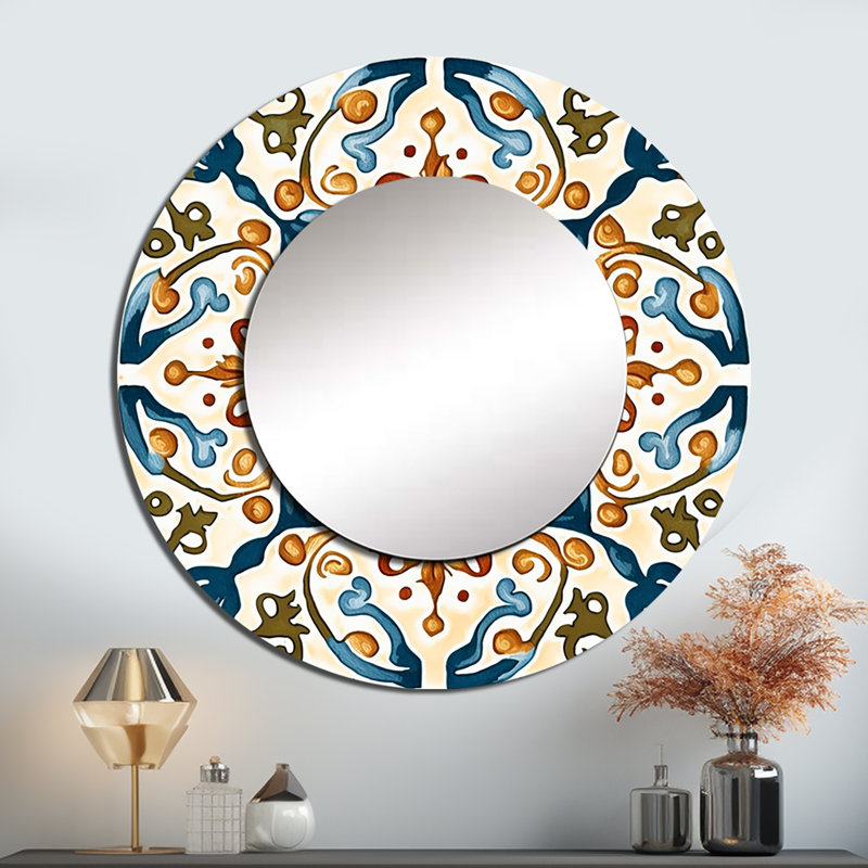 Mediterranean Tiles In Retro Blue III - Abstract Tile Round Mirror Wall Decor, 29" x 29"