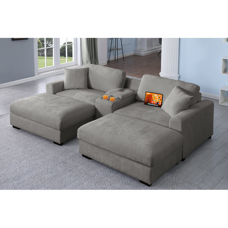 Upholstered Chaise Sleeper Sofa With Cup Holder Console & Ottomans, Light Gray Polyester