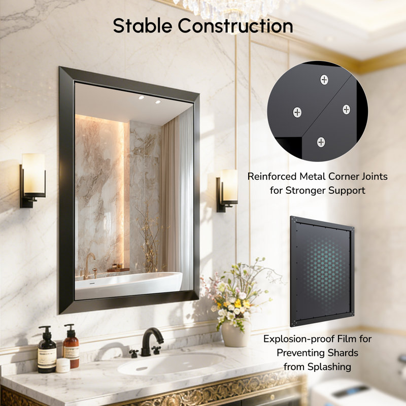 Miroir de salle de bain 24 po x 32 po, miroir mural rectangulaire en aluminium pour meuble-lavabo, miroir biseauté noir brossé pour salle d'eau, chambre à coucher, salon et entrée, décor moderne résistant à la rouille