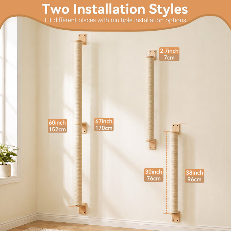 Cat Wall Scratcher, 67" Tall Kitten Scratching Post, DIY Cat Tree, Natural Sisal & Jute, Wall-Mounted Scratcher, Space-Saving