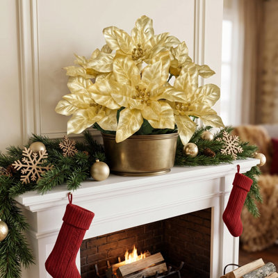 Tiges de poinsettia artificielles 13,8 pouces, paquet de 6 fausses fleurs de poinsettia de Noël, choix de poinsettia en velours scintillant pour guirlande de sapin de Noël, décoration de maison de vacances, vase non inclus