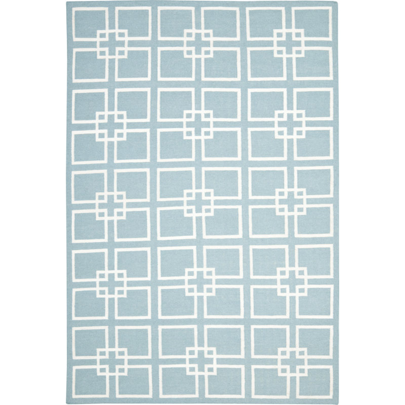Martha Stewart Flat Weave Wool/Silk/Cotton Geometric Rug in Geyser Blue, Rectangle 6' x 9'