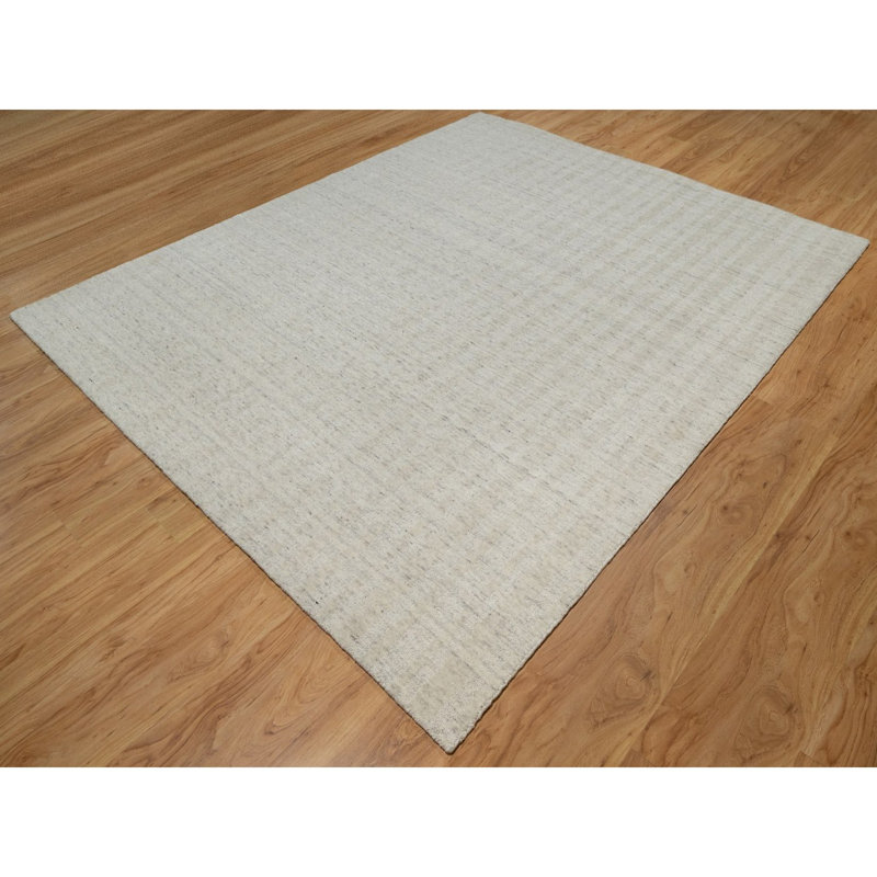 Tapis oriental en laine naturelle non teint de 8 pi 1 po x 10 pi blanc tissé à la main avec rayures verticales avec effet sel et poivre