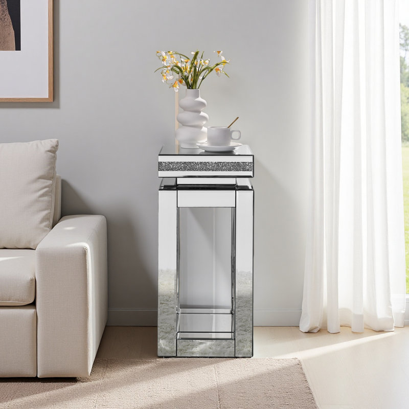 Table de bout en miroir avec incrustation de cristaux, petit canapé moderne à 2 niveaux avec rangement, table d'appoint argentée pour le salon, la chambre à coucher, le café et les petits espaces: P 11,8 po x l 11,8 po x H 26 po