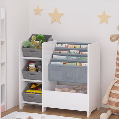 Bibliothèque pour enfants et rangement pour jouets, bibliothèque pour enfants à 4 niveaux avec 3 tiroirs en tissu pliables, présentoir à livres pour enfants