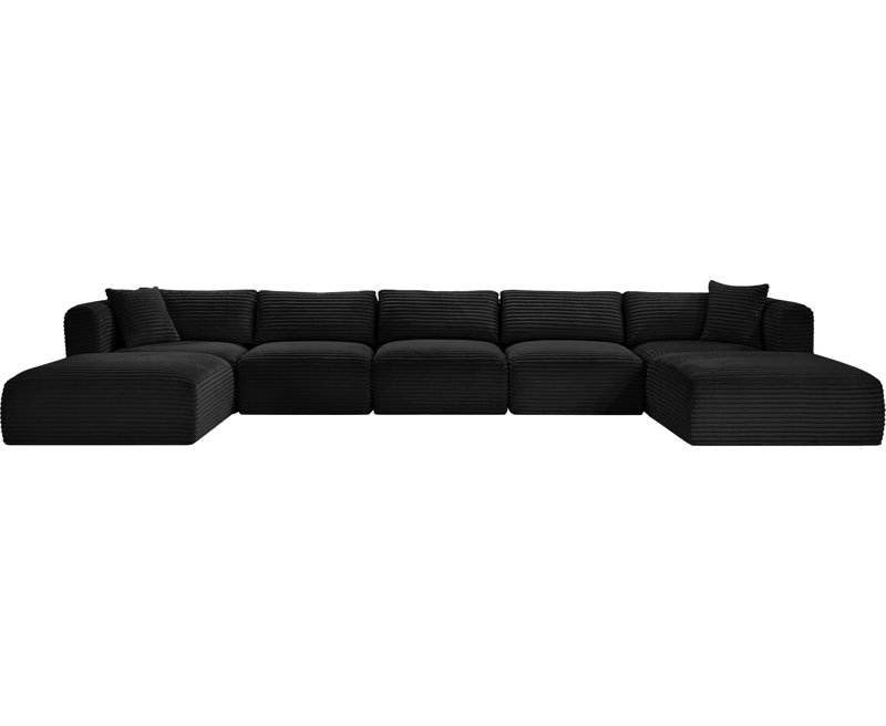 Canapé modulaire Carmean, Tissu velours côtelé texturé noir, 3 sans accoudoirs, 2 en coin, 2 repose-pieds