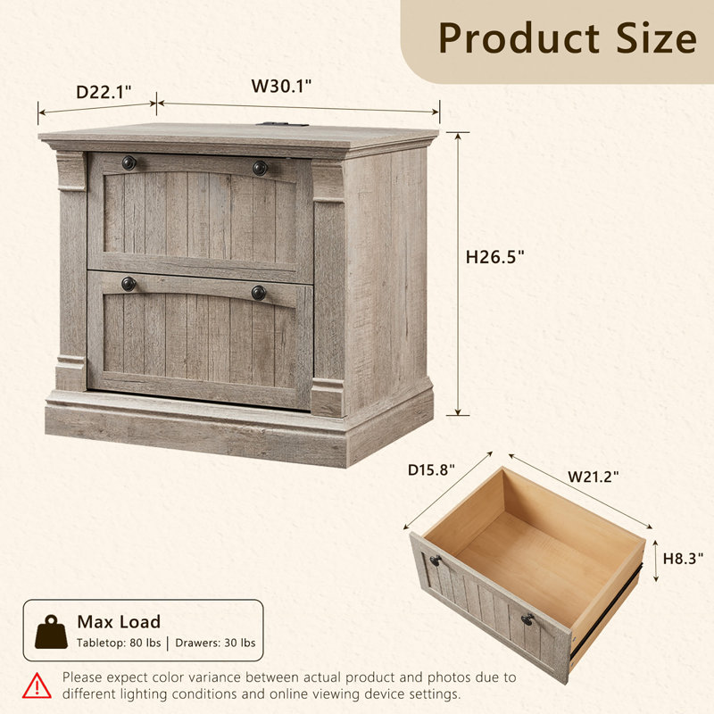 30'' W Large Nightstand With Charging Station & 2 Storage Drawers, Light Rustic Oak