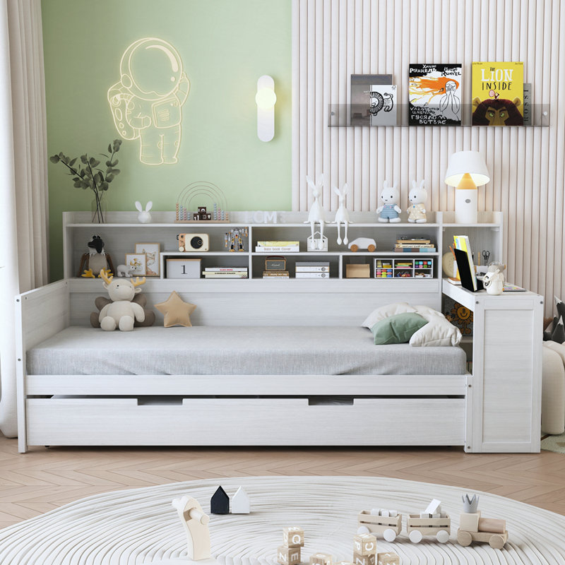 Multi-functional Bed with Size Trundle Bed and Study Desk, Antique White, Twin