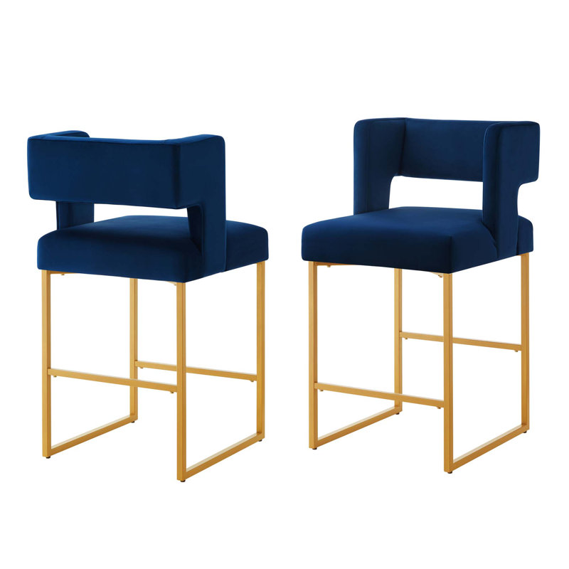 Ensemble de 2 tabourets de bar modernes à hauteur de comptoir avec dossier ouvert carré, Bleu