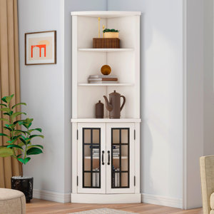 Armoney Curved Corner Storage Cabinet, 65" Tall Freestanding Bookcase With Glass Doors & Adjustable Shelves, 5-tier Corner Display Cabinet For Living Room, Office, Dining Room