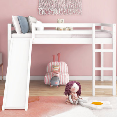 Lit mezzanine blanc avec glissade solidement assemblée - fabriqué en bois massif pour plus de stabilité