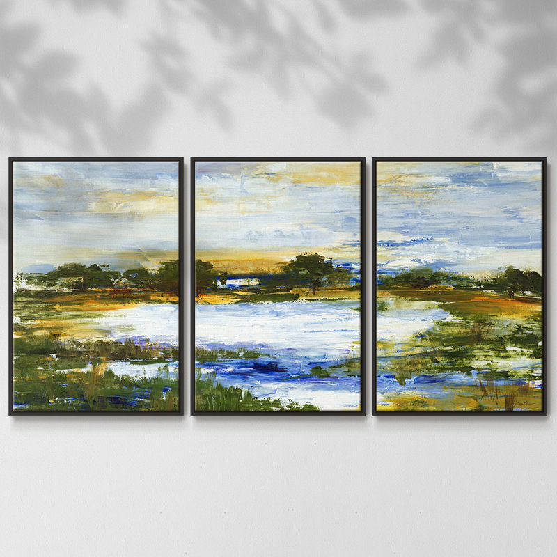 Lazy River, ensemble de 3 pièces encadrées sur toile, Cadre noir, H 24 po x l 48 po x P 2 po