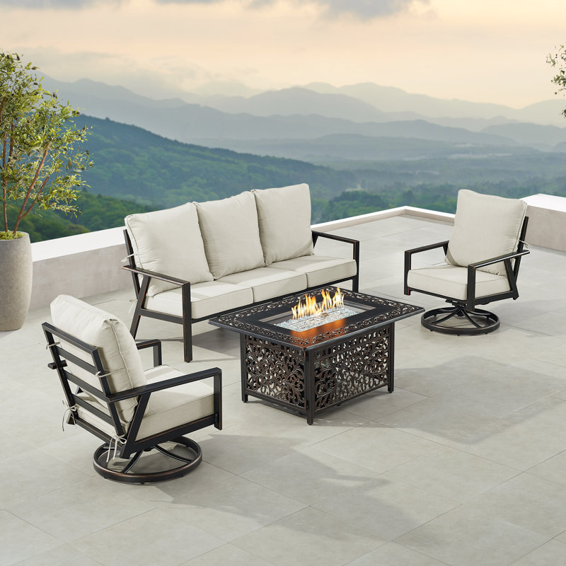 Ensemble de table de foyer en aluminium noir avec canapé et deux fauteuils club, Gris clair