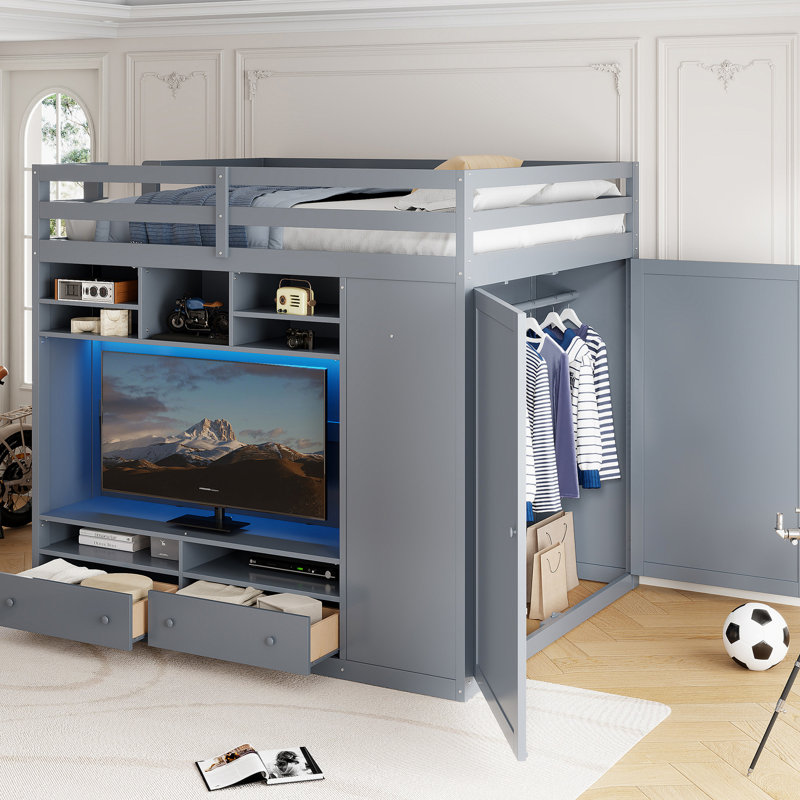 Lit mezzanine double avec tiroirs de rangement, tablettes ouvertes et éclairage à DEL, lit moderne peu encombrant pour enfants et adolescents