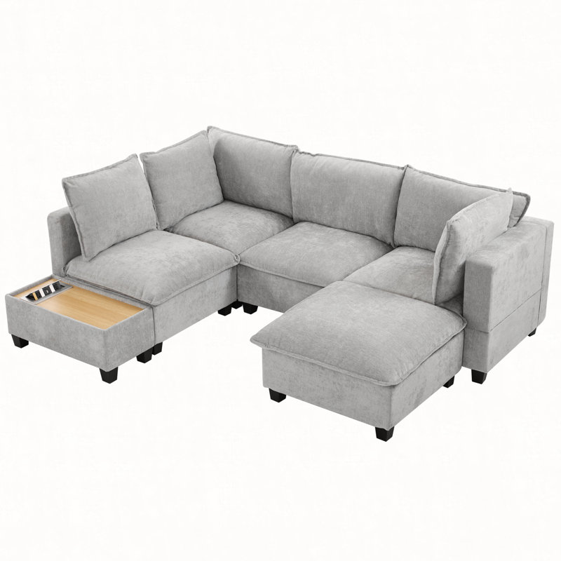 90" U-shaped Sectional Sofa Modular Sofa Couch with a Movable Ottoman , a Coffee Table with Hidden Charging Devices for Living Room