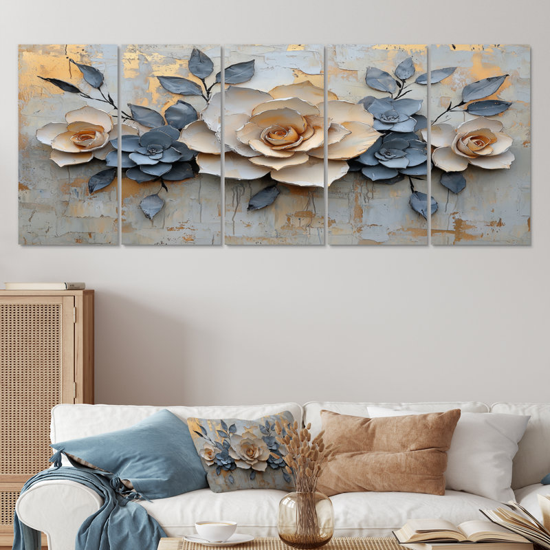 Couronne minimaliste de pétales de roses et de roses - Art mural roses - Art mural moderne sur toile, H 32 po x l 80 po, 5
