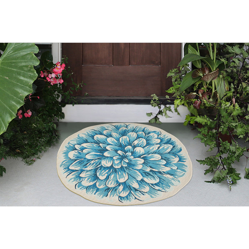 Jotavious Floral Polyester Non-Skid Kitchen Mat, Round 3'3", Blue