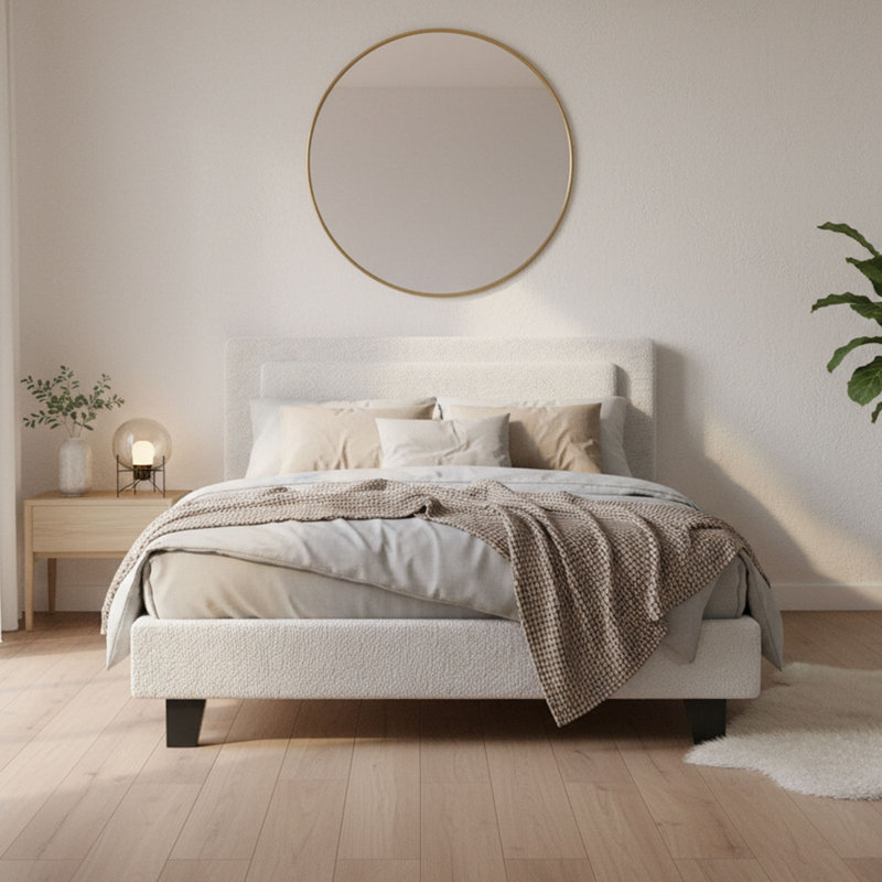 Très grand lit tapissier avec tête de lit tapissier et sommier tapissier, beige, QUEEN