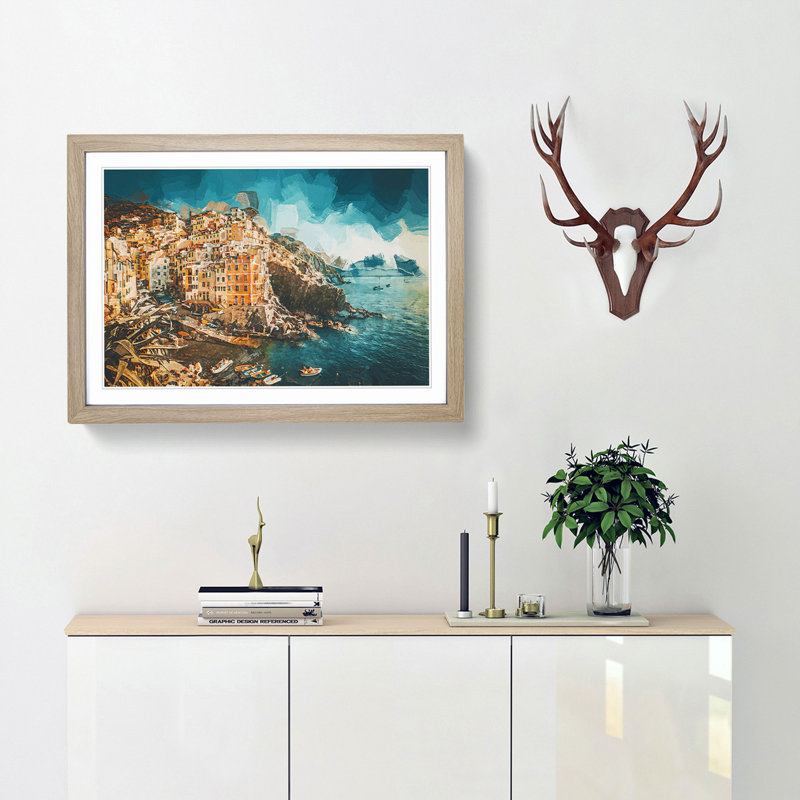 Riomaggiore Cinque Terre in Italy in Abstract - Framed Print, 40cm H x 60cm W x 2cm D, Oak