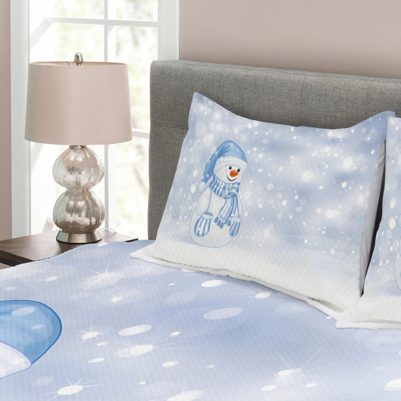 King Size White and Blue Snowman Quilted Bedspread Set