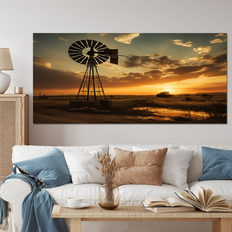 Texas Rustic Windmills - Wind Turbines, art mural pour le salon, Toile tendue, H 28 po x l 60 po x P 1,5 po