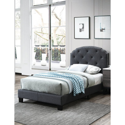 Structure de lit simple bouton gris anthracite, toile de jute, support central, charbon de bois européen sans sommier, tête de lit en toile de jute, nécessaire
