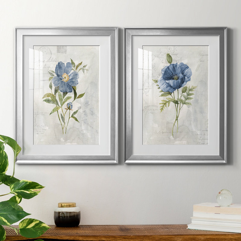 " Blue Linen Peony " 2 - Pieces, White, 30" H x 22" W x 1" D, Silver Framed Paper