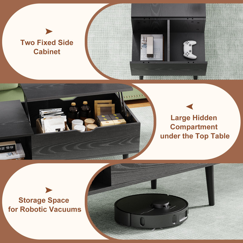 Lift Top Rectangular Coffee Table, 4-in-1 Multi-Function and Large Coffee Table with Storage, Black