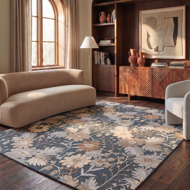 Tapis de jardin 929 tufté à la main, 80 % laine, 20 % coton, motif floral, Rectangle 8' x 10'