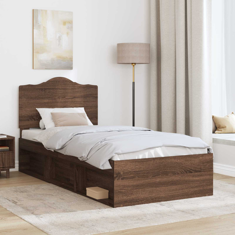 Solid Wood Bed, European Single (90 x 200 cm), Brown Oak
