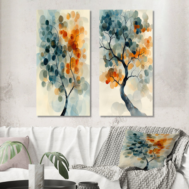 Ensemble de 2 pièces d'art mural orange et bleu à motif abstrait «I», H 28 po x l 24 po, Toile tendue