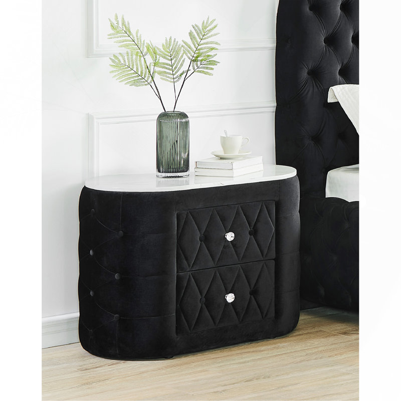 1pièce table de chevet ovale en faux marbre à 2 tiroirs avec finition capitonnée et capitonnage, Noir