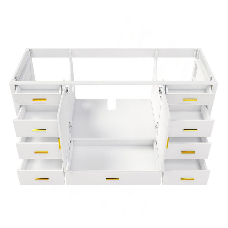 Meuble-lavabo de salle de bain de 60 pouces avec 2 portes doubles à fermeture douce, 1 grand tiroir, 6 petits tiroirs et 2 petits compartiments de rangement à charnières.