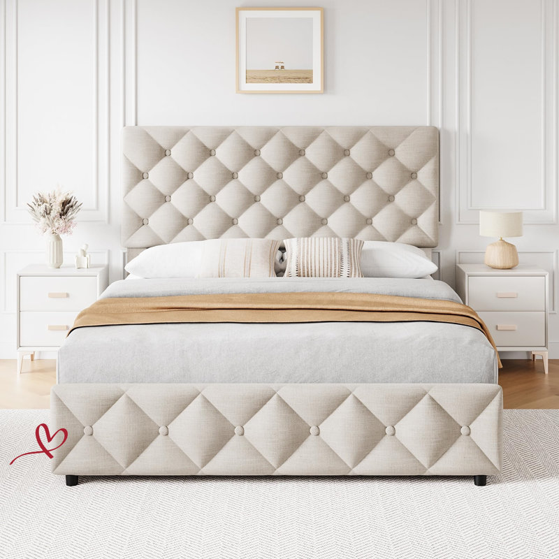 Cadre de lit double / grand / grand avec 4 tiroirs et tête de lit capitonnée en lin, Beige/Double / Double