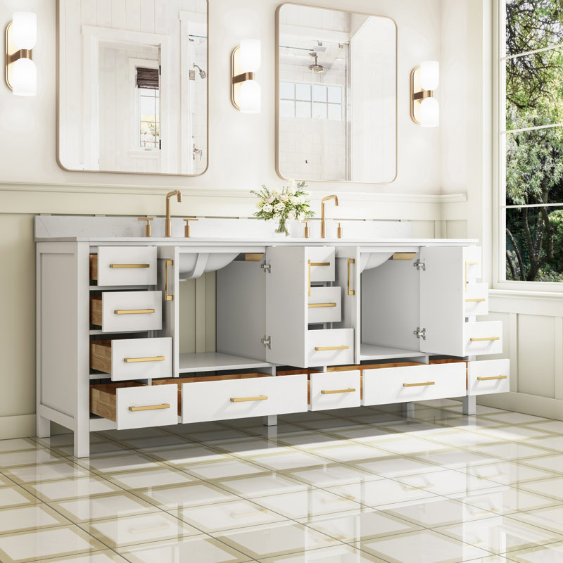 Meuble-lavabo autoportant en bois massif l 84 po x H 35 po avec comptoir en marbre de culture blanc de Carrare et double lavabo en céramique, blanc
