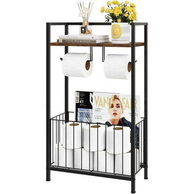 Freestanding Toilet Paper Holder With Storage Shelf – Rustic Brown Bathroom Stand With Extra Roll Basket & Floor Organizer For Wipes, Magazines, And Phone