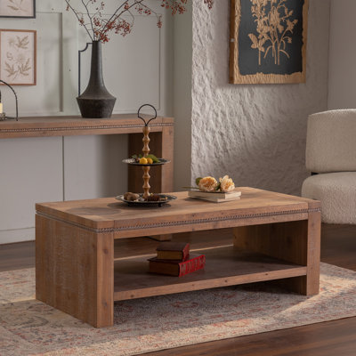 Rectangle Coffee Table with Solid Wood for Living Room, Large 2-Tier Rustic Coffee Table with Storage Shelf, Office and Apartment, Easy Assembly