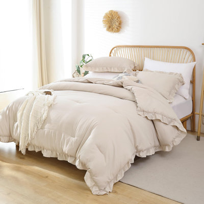 Ruffle Comforter Set 3 Pieces-Bedding for All Seasons Fluffy Vintage Farmhouse Comforter With Two Pillowcases
