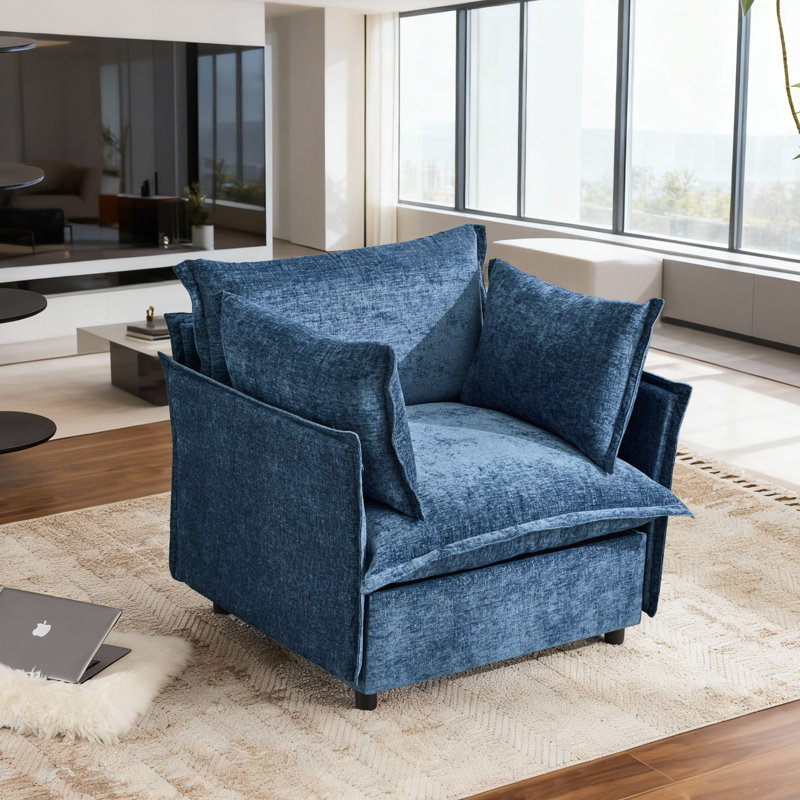 Chenille Upholstered Skirted Arm Chair Accent Chair  With Thin Arms For Living Room, Sea Blue
