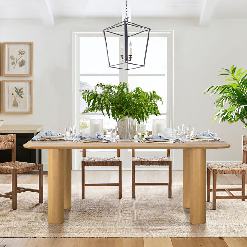67" Rectangular Solid Oak Wood Pillar Leg Dining Table For 6, Light Oak
