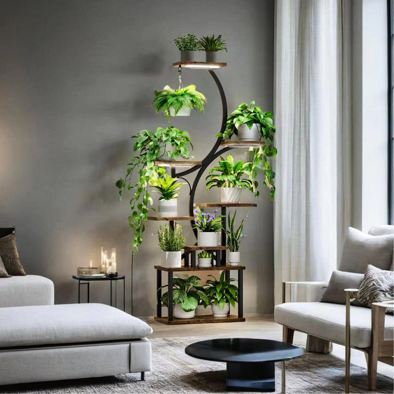 Support pour plante de 61 pouces de hauteur à 8 niveaux avec lumières à minuterie - support en forme de S en métal, noir, facile à assembler, facile à déplacer, maison et patio