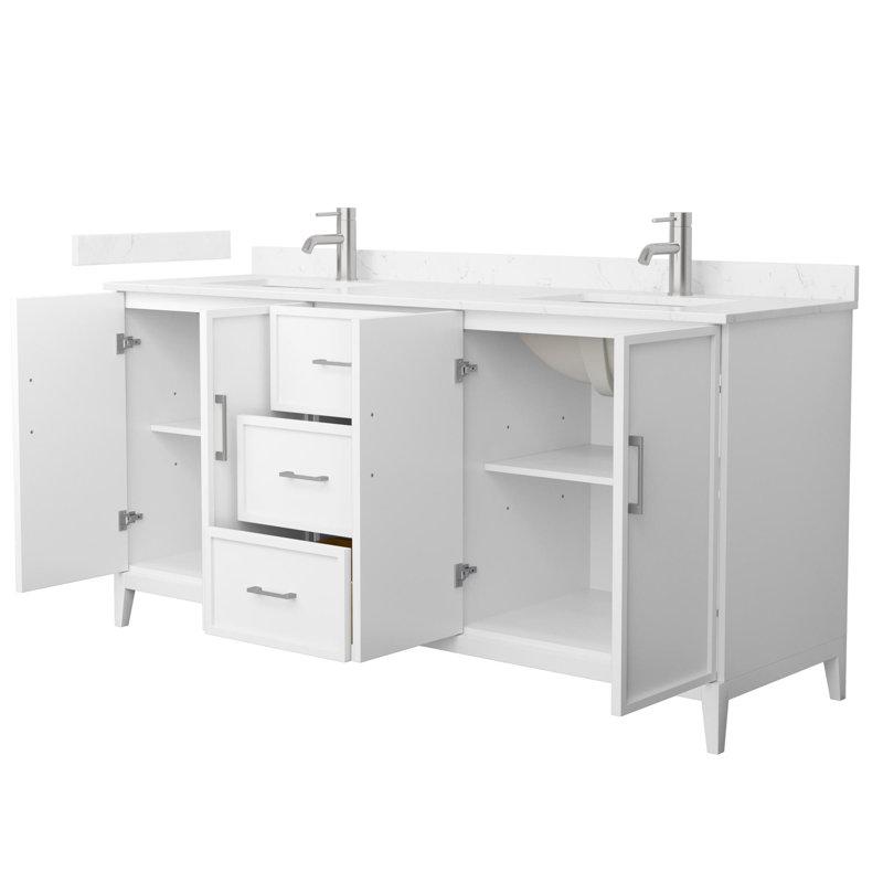 Meuble-lavabo double 72 po avec plateau en marbre Elan, Marbre de culture de Carrare, Blanc, Nickel brossé